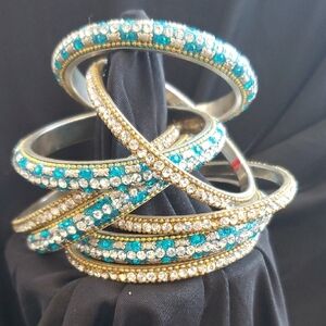 Elegant Gold and Blue Crystal Bangle Set